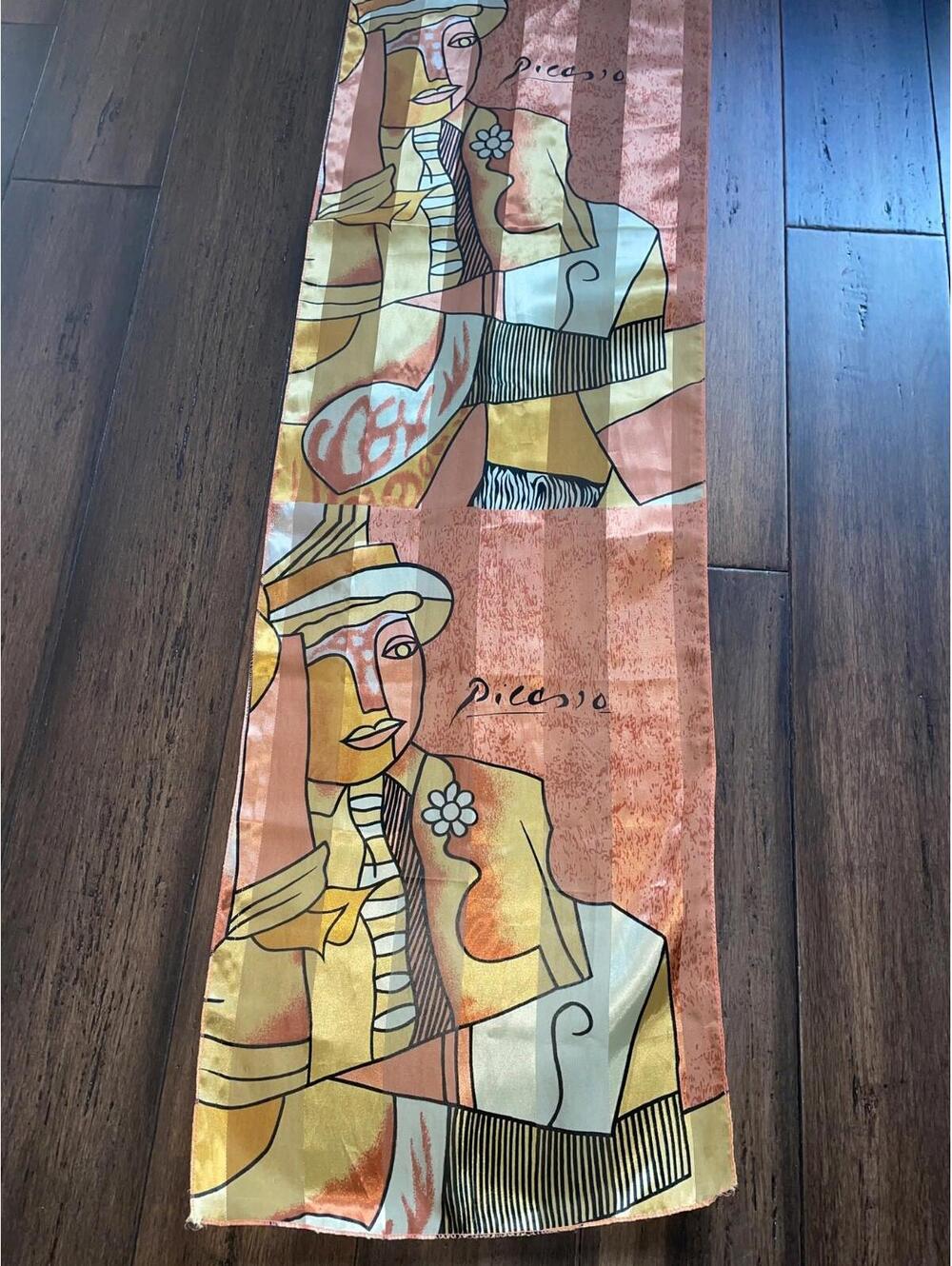 Picasso Scarf 58”x13” Signed Picasso Portrait Designs Orange & Golds Soft Silky